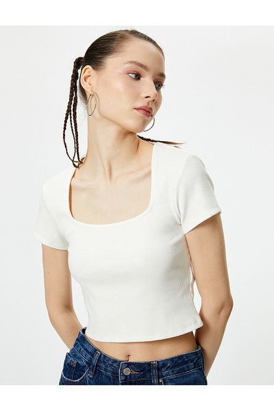 Koton Back Low-cut T-shirt Crop Short Sleeve Ribbed Slim Fit