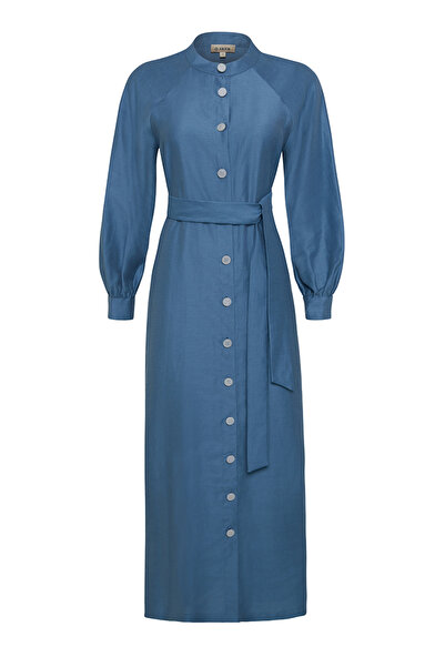 Aker Belden Bağlamalı Keten Elbise