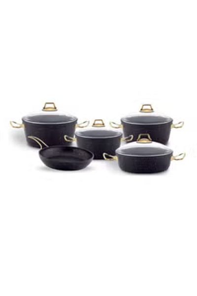 AVCI HOME MAKER 9-Piece Granitec Cookware Set - Non-Stick, PFOA-Free - 3 Deep Pots, 1 Low Pot, Frypan - Black & Gold