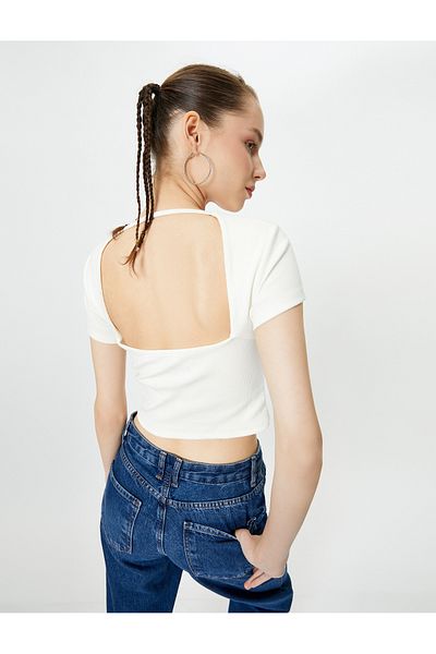 Koton Back Low-cut T-shirt Crop Short Sleeve Ribbed Slim Fit