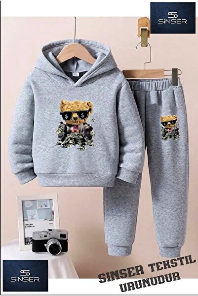 SİNSER TEKS Παιδικό σετ φόρμας με κουκούλα και στάμπα  "DOLLARIZED BEAR NEW M...