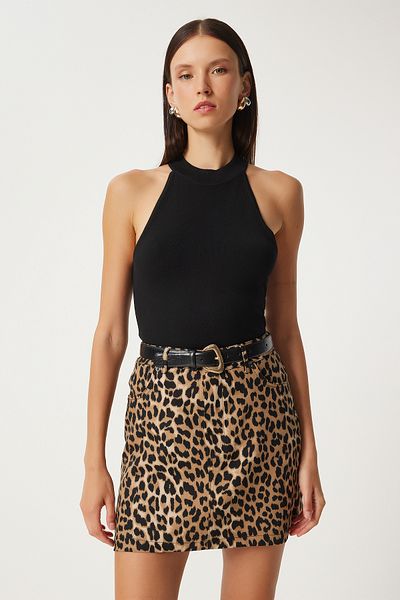 Lovelyİstanbul Mini Leopard Print Denim Skirt - Black Beige Lul0007