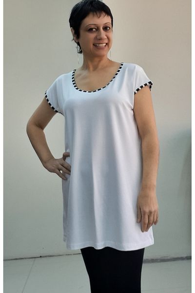 Mertcan Butik White Black and White Piping Detailed Whole Size Low Sleeve Combed Cotton Viscose T-Shirt