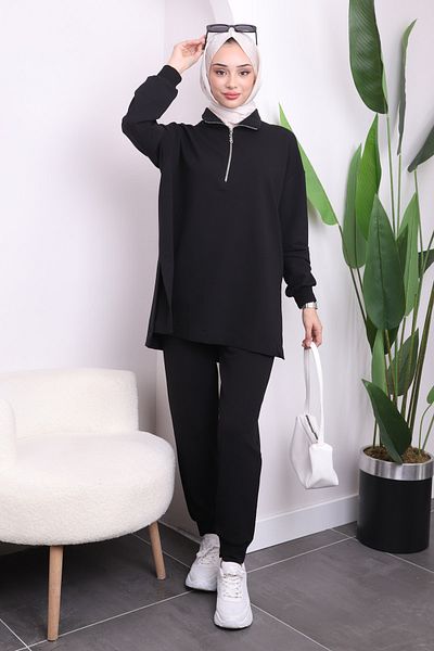 İmajButik Black Collar Zippered Trousers Tunic Set