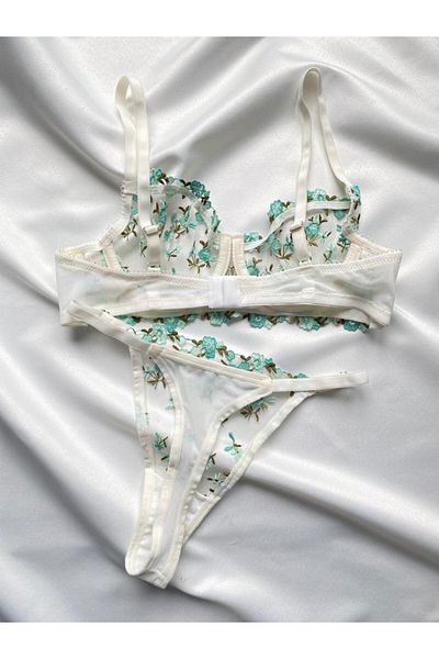 arona lingerie Ρομαντικό Σετ Bralet με δαντέλα Aqua Bloom με Λευκά & Μπλε Λουλούδια