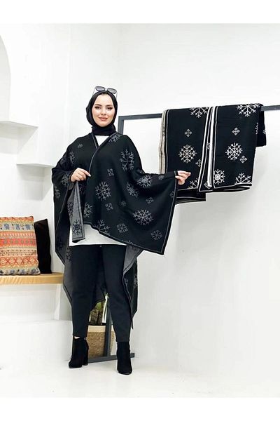 sportiness Women's Double-Sided Wearable Snow Print Knitwear Shawl Poncho