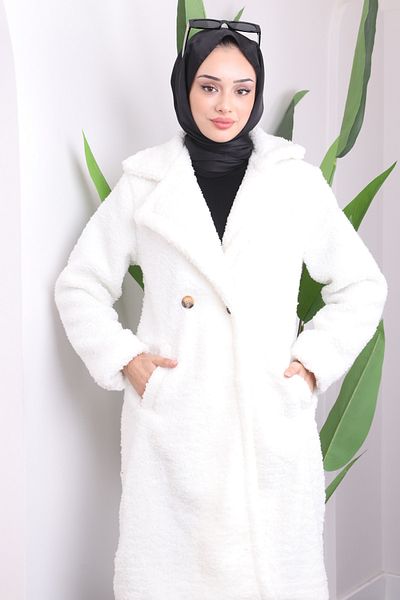 İmajButik Λούτρινο παλτό Angora με τσέπες εκρού