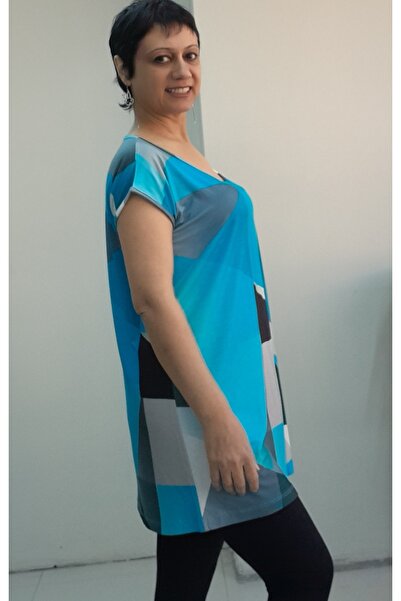 Mertcan Butik Μπλουζάκι με χαμηλό μανίκι από χτενισμένο βισκόζη με μπλε μαύρο λευκό σχέδιο με μέγεθος ολόκληρο