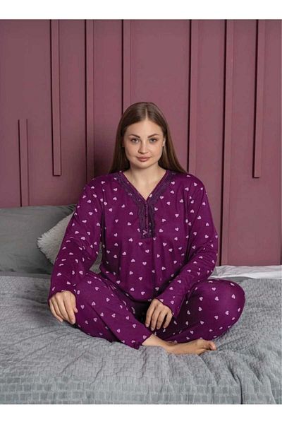 wear treasure Women's Plus Size Heart Print Collar Buttoned Long Sleeve Bamboo Pajamas Set