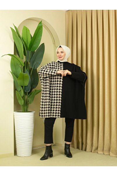 02Lady Fashion Knitwear Houndstooth Poncho Tunic