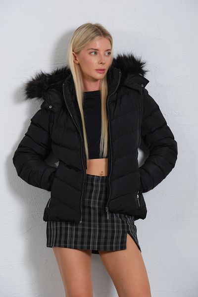 Maule Black Detachable Faux Fur Hood, Water Repellent Fabric, Women's Anorak Micro Coat @Avele