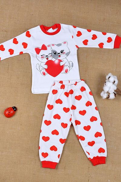 BAVVİER 100% Cotton, Loving Kitten Themed, Ribbed Combed Cotton Pajamas Set 1-3 Years