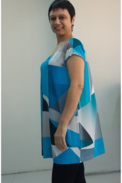 Mertcan Butik Μπλουζάκι με χαμηλό μανίκι από χτενισμένο βισκόζη με μπλε μαύρο λευκό σχέδιο με μέγεθος ολόκληρο