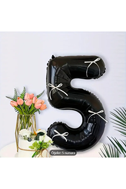 LOTUS PARTY Kurdeleli Siyah Rakam Folyo Balon Beyaz Kurdeleli Siyah Rakam Bal...