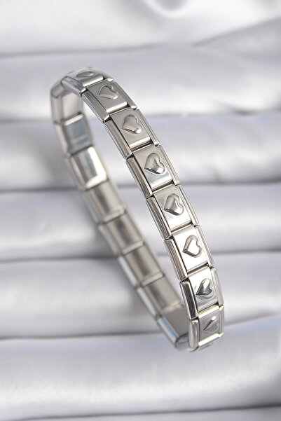 Twin Store 316L Steel Silver Color Heart Embroidery Nomination Charm Bracelet