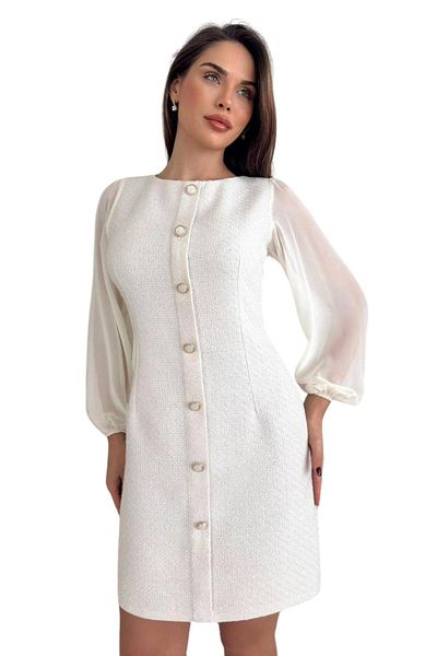 Moda Amore Βραδινό φόρεμα Midi με Tweed Fabric - Λεπτομέρεια με κουμπί και πλάτη, μανίκια σιφόν 022