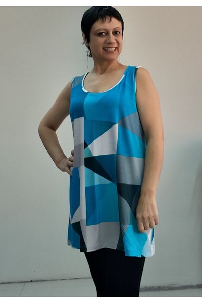 Mertcan Butik Tricou din viscoză pieptănată cu curea groasă cu imprimeu albastru alb-negru