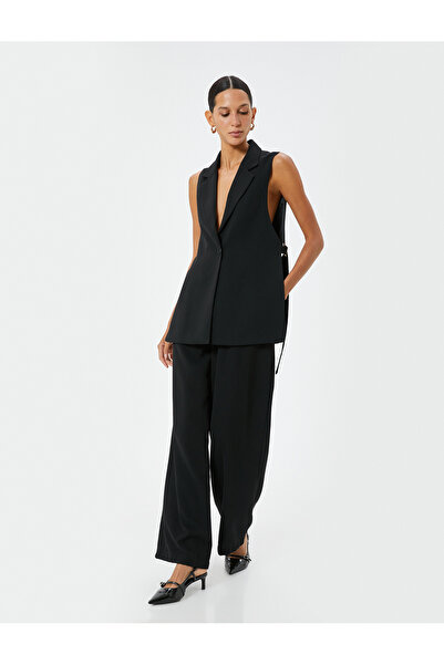 Koton Διπλό στήθος Reverse Jacket Collar - Μακρύ γιλέκο, πλαϊνό σκίσιμο και λεπτομέρεια ζώνης