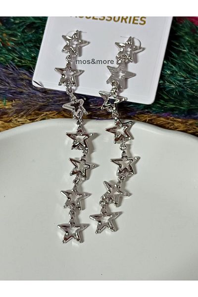 mos&more Silver Color Long Design Star Women's Earrings