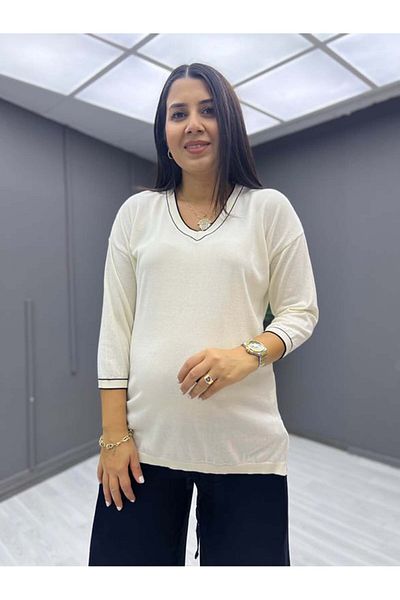 zunop Γυναικεία πλεκτή μπλούζα με ριγέ V λαιμόκοψη