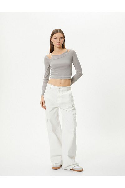 Koton Off Shoulder Crop T-Shirt Double Asymmetrical Collar Long Sleeve Slim Fit