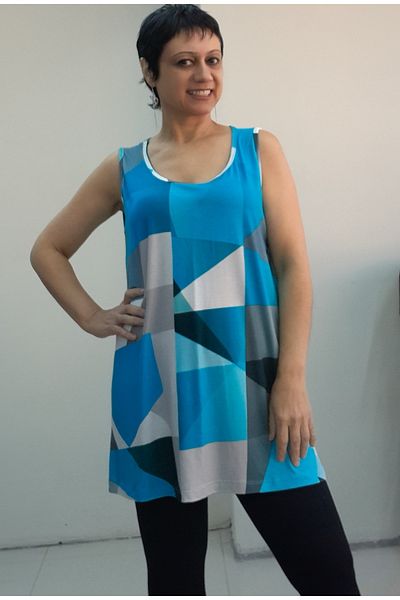 Mertcan Butik Tricou din viscoză pieptănată cu curea groasă cu imprimeu albastru alb-negru