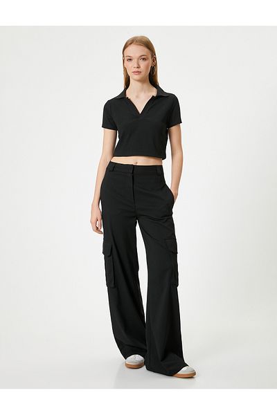 Koton Tricou crop cu gât polo, cu mânecă scurtă, slim Fit, viscoză