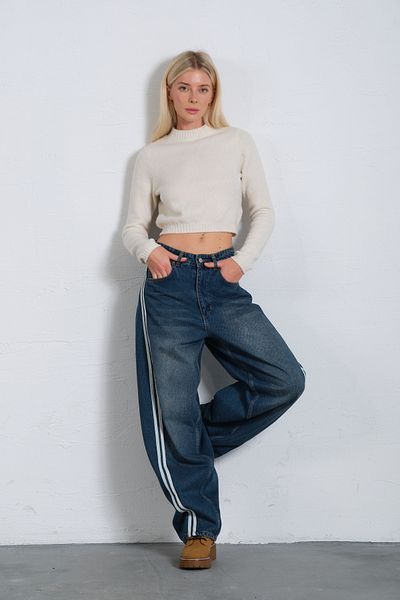 Maule Baggy-Jeans aus 100 % Baumwolle mit hoher Taille und seitlichen Streifen – Damen-Jeans @Barrel
