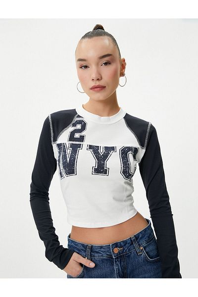 Koton College Crop T-shirt Color Block Long Sleeve Crewneck Cotton
