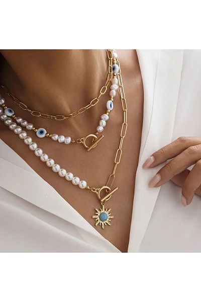 Store Layered Artificial Pearl Necklace with Sun Flower and Evil Eye Beads