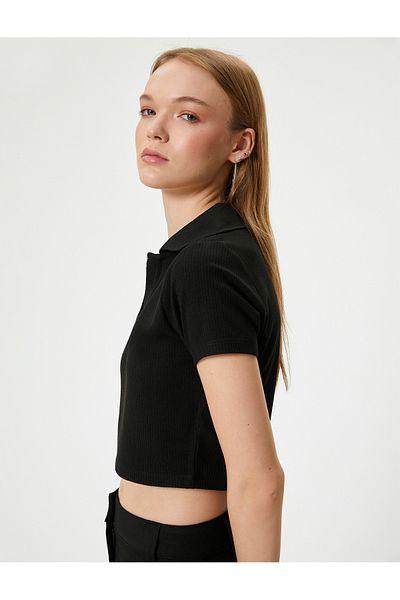 Koton Tricou crop cu gât polo, cu mânecă scurtă, slim Fit, viscoză
