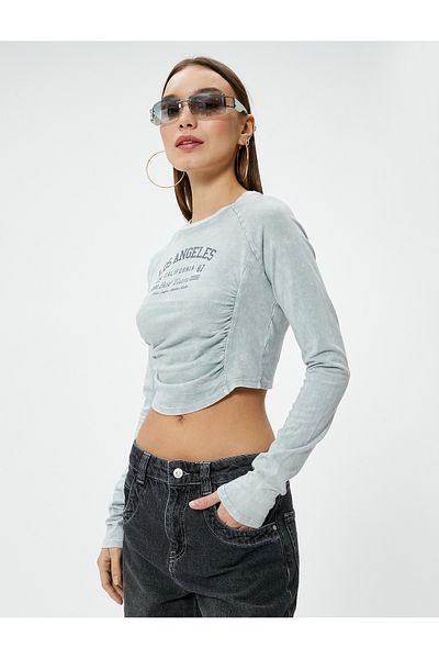 Koton Crop Long Sleeve T-Shirt College Printed Drape Detailed Cotton