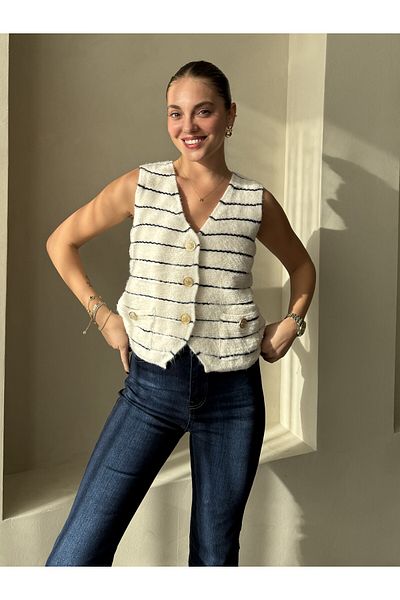 Laluvia Creme - Marineblaue 5-Knopf-Strickweste- 241019