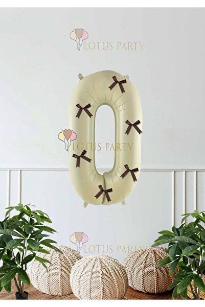 LOTUS PARTY Brown Bow Ribbon Number - 0 Years Old Cream Foil Balloon
