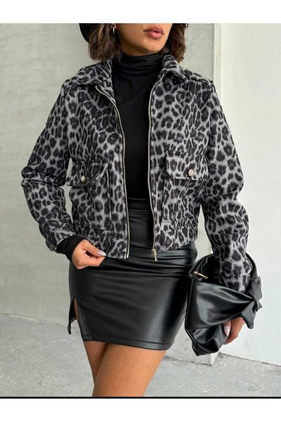 Semesia World Gray Leopard Print Premium Stamp Fabric Jacket Coat
