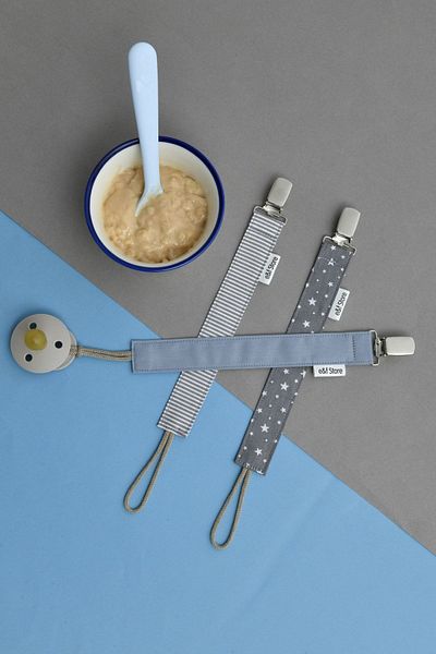 e&f Store Certified Cotton Pacifier Strap - Set of 3 - Gray and Indigo Blue - Baby Pacifier Chain