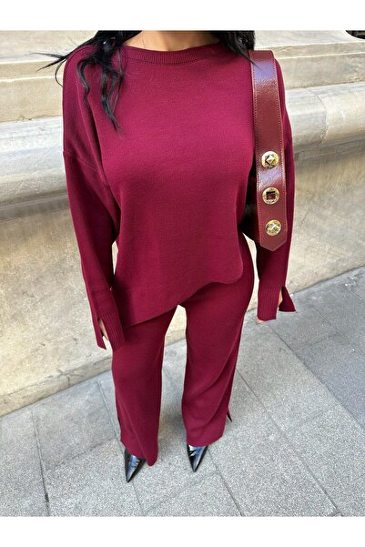 LB Laluna Butik Dámska súprava bordových úpletov sveter asymetrického strihu a nohavice Palazzo s rozparkami