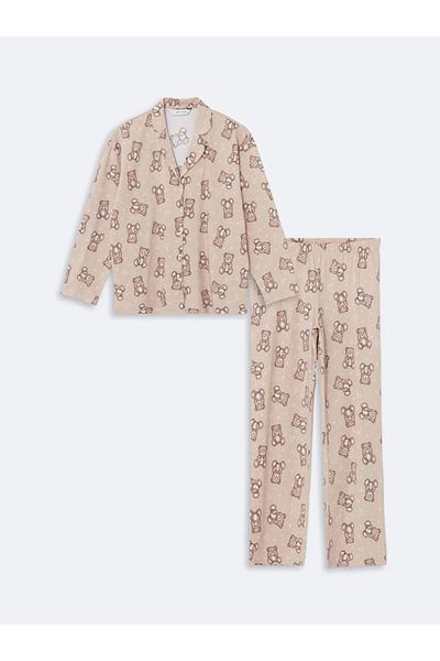 LC Waikiki Γυναικείες πιτζάμες LCW Young Beige πουκάμισο γιακά με στάμπα