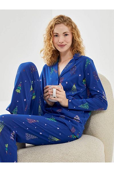 LC Waikiki Lcw Young Blue Shirt Collar Christmas Themed Women's Pajamas Set