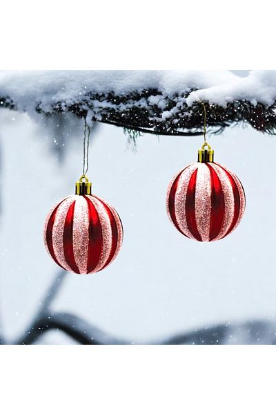 Partifabrik Christmas Ball Ornament - 10 cm White Stripes, Glitter, 2 Pieces, Red Tree Large Size
