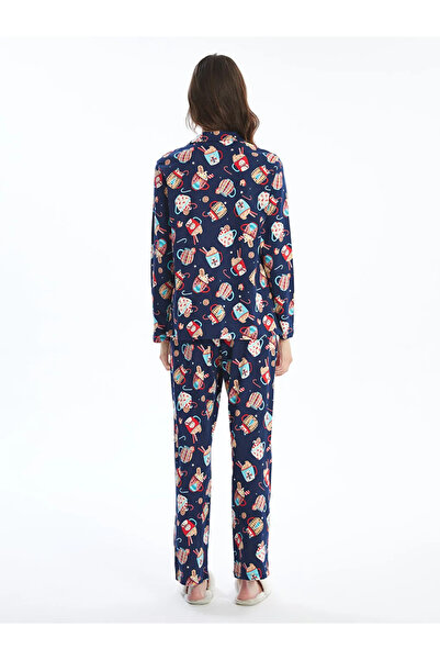 LC Waikiki LCW Young Lacivert Gömlek Yaka Baskılı Kadın Pijama Takımı