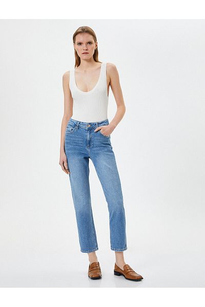 Koton Blugi cu picioare drepte Buzunar flexibil din bumbac cu talie standard - Blugi Eve Slim