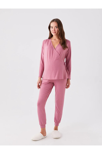 LC Waikiki LCW DREAM Double Breasted Collar Solid Long Sleeve Maternity Pajamas Set