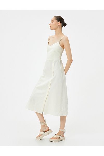 Koton Linen Midi Dress - Double Breasted Collar and Button Detailed Thin Straps