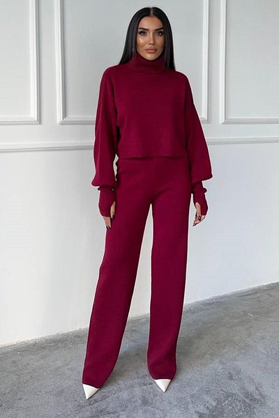 bayansepeti Set bluză și pantaloni tricotați cu talie înaltă din tricotaje roșii Claret - îmbrăcat manual 015