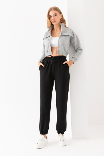 RuyaMood Women's Black Modal Fabric High Waist Double Pocket Soft Textured Rubber Leg Detailed Sweatpants