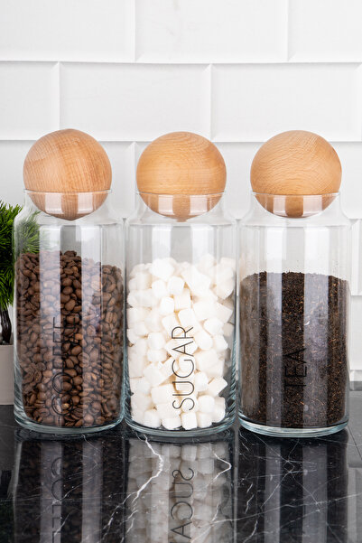 DNS HOME 3-Piece Wooden Ball Cover Tea Sugar Coffee Storage Set with 1300ml Clear Label