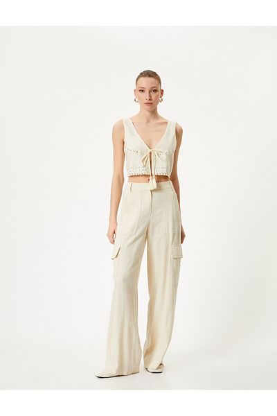 Koton New Season Crop Vest Embroidered Tassel Tie Detail V Neck