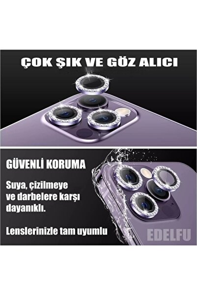 EDELFU İphone 14 Pro Max / 14 Pro Için Kamera Koruyucu Taşlı Ve Metal Lens Koruyucu Derin Mor Lens