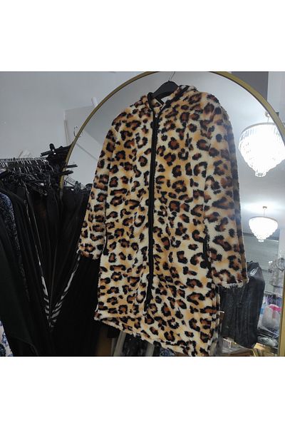 DHDmoda Leopard Zippered Hooded Unlined Plush Coat Jacket